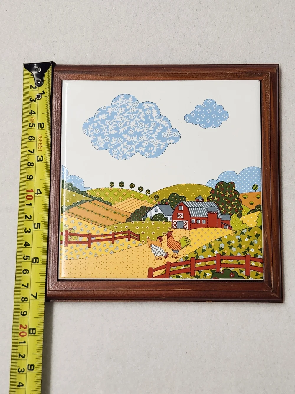VTG Potpourri Press Wood Framed Ceramic Tile Trivet Art Farm Landscape Chickens